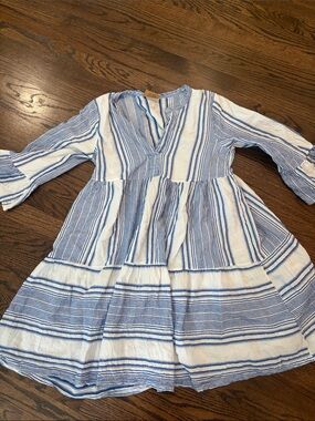 Purchased in Greece! Blue and White Striped Casual Tiered V-Neck Dress